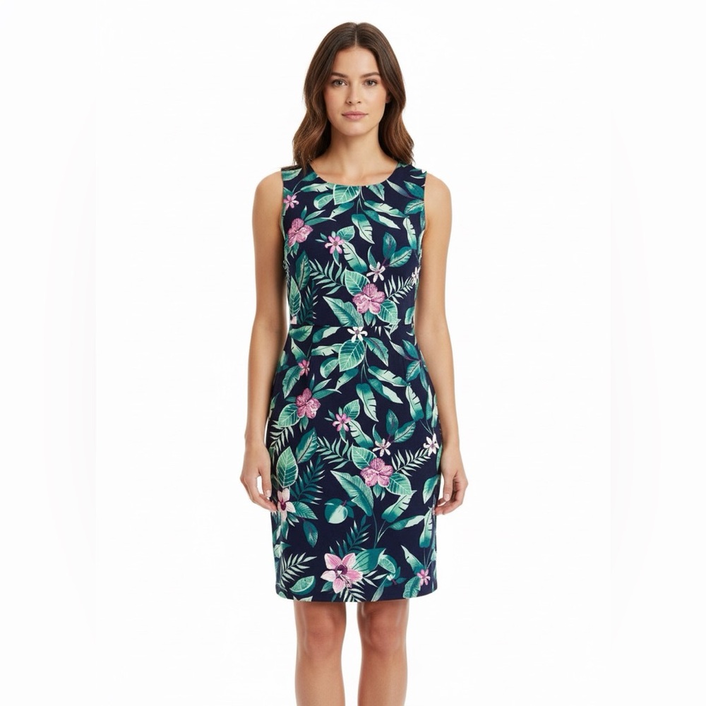 Navy Tropical Print Dress